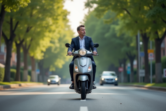 Homme d'âge moyen en scooter dans un quartier résidentiel