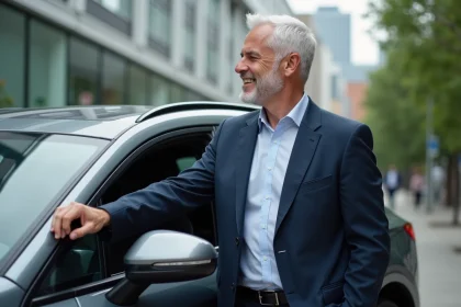 Homme souriant sortant d'une voiture 2026 en ville