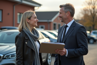 Homme en costume parlant à une femme devant une voiture en Belgique
