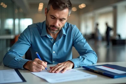 Homme ukrainien remplissant papiers de voiture en bureau français