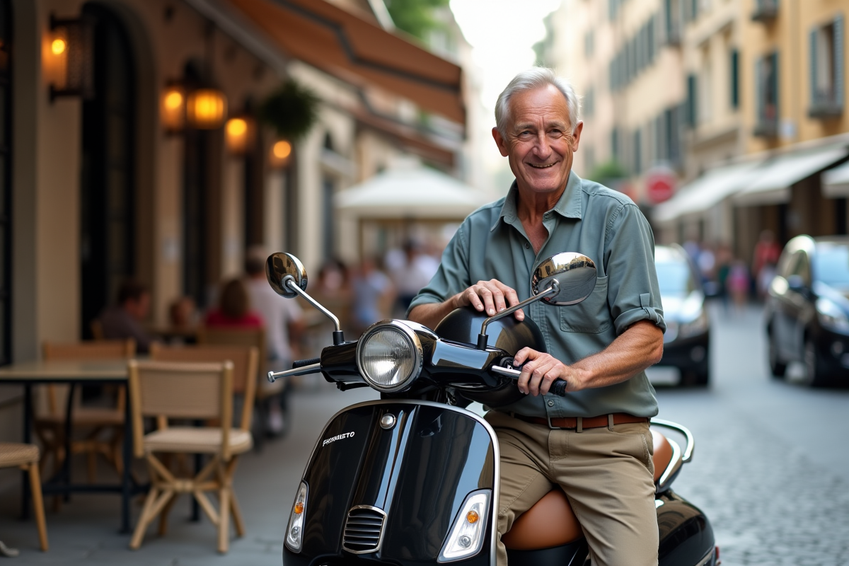 Homme avec scooter près d’un café en ville
