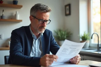 Homme vérifiant sa carte grise dans une cuisine lumineuse
