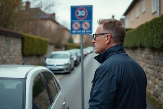 Homme vérifiant un panneau routier en France