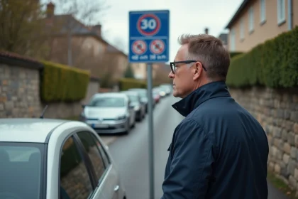 Homme vérifiant un panneau routier en France