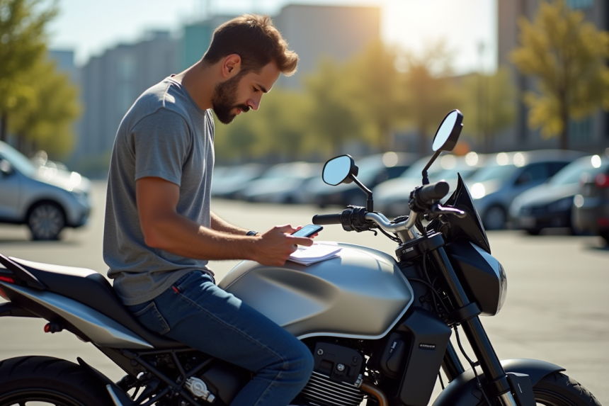 Homme vérifiant le numéro VIN d'une moto en plein jour