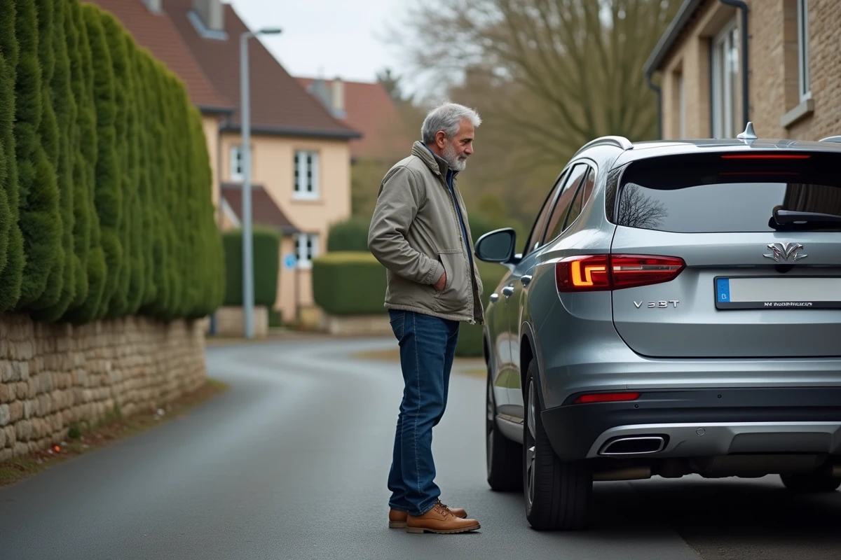 Homme inspectant une voiture diesel sur une rue résidentielle