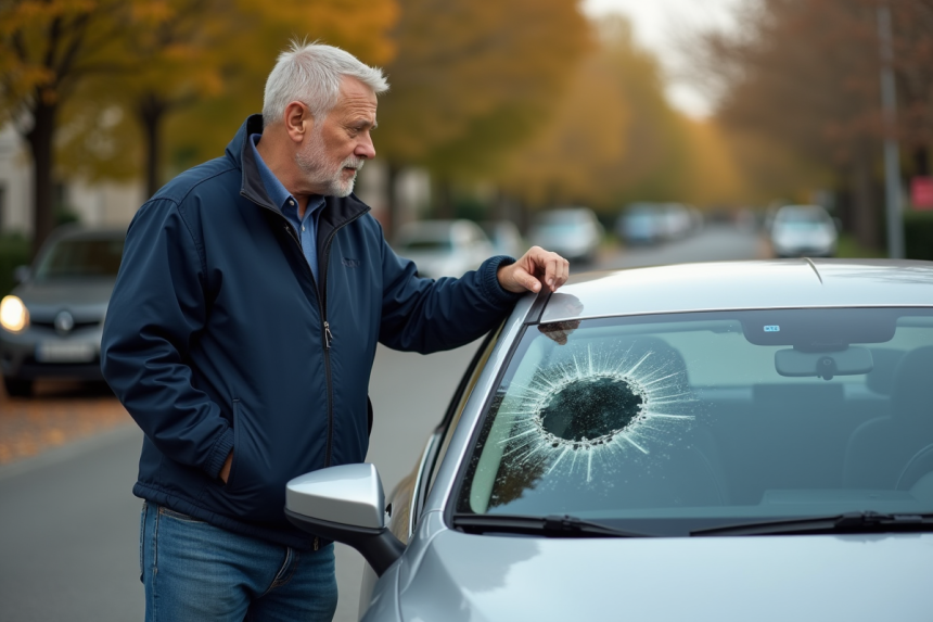 Homme regardant un verre endommagé sur la voiture