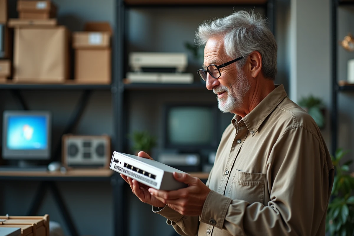 Homme âgé tenant un modem internet vintage dans un loft moderne