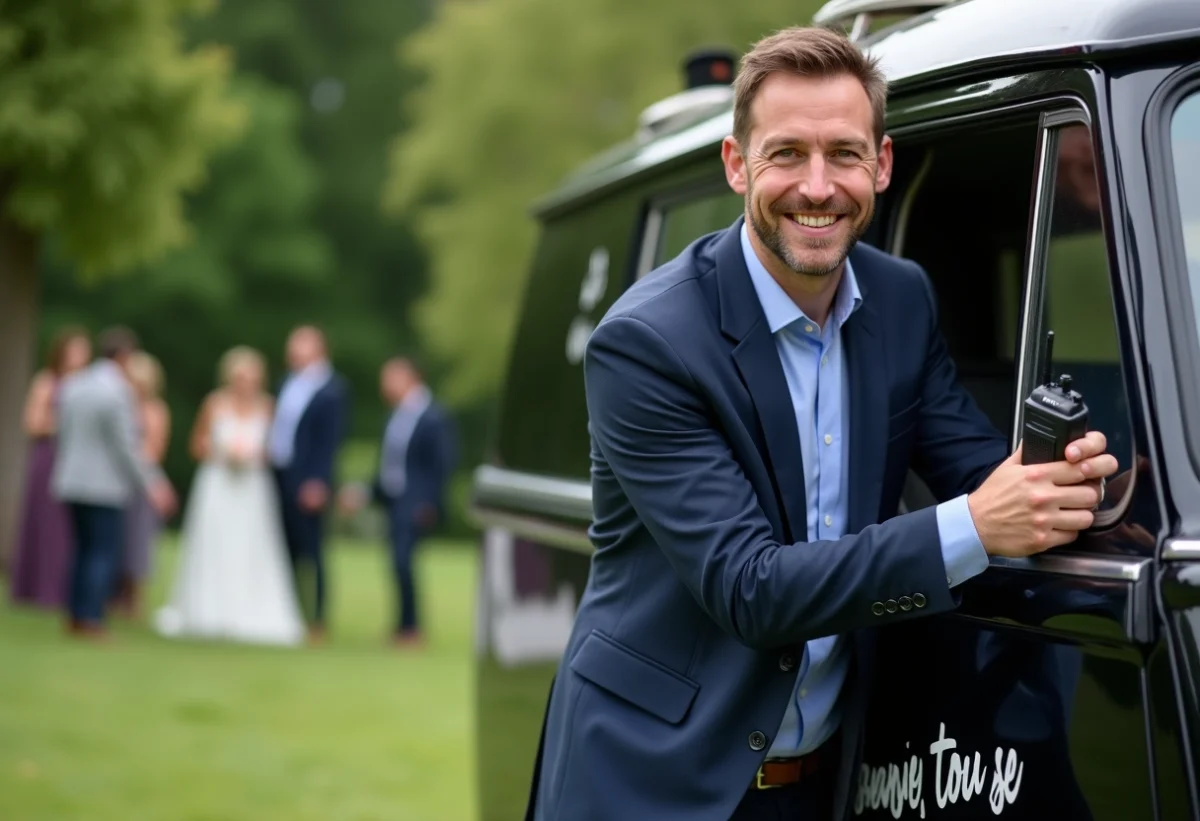 Homme souriant en costume navy sortant d'une van vintage lors d'un mariage