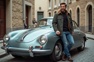 Homme en veste vintage devant une voiture des années 70