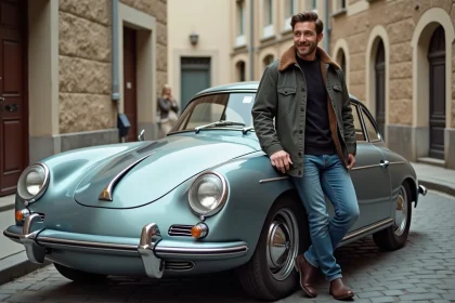 Homme en veste vintage devant une voiture des années 70