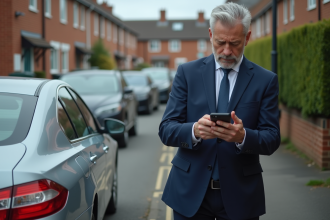 Homme d'âge moyen avec voiture endommagée en rue résidentielle