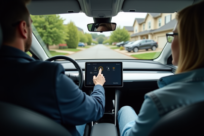 Homme en voiture électrique dans la banlieue