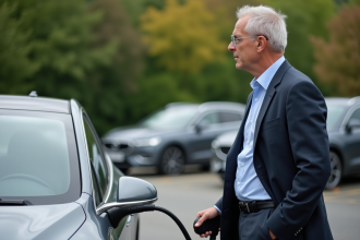 Homme d affaires à côté d une voiture électrique en parking