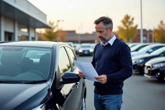 Homme examinant un rapport historique de voiture d'occasion