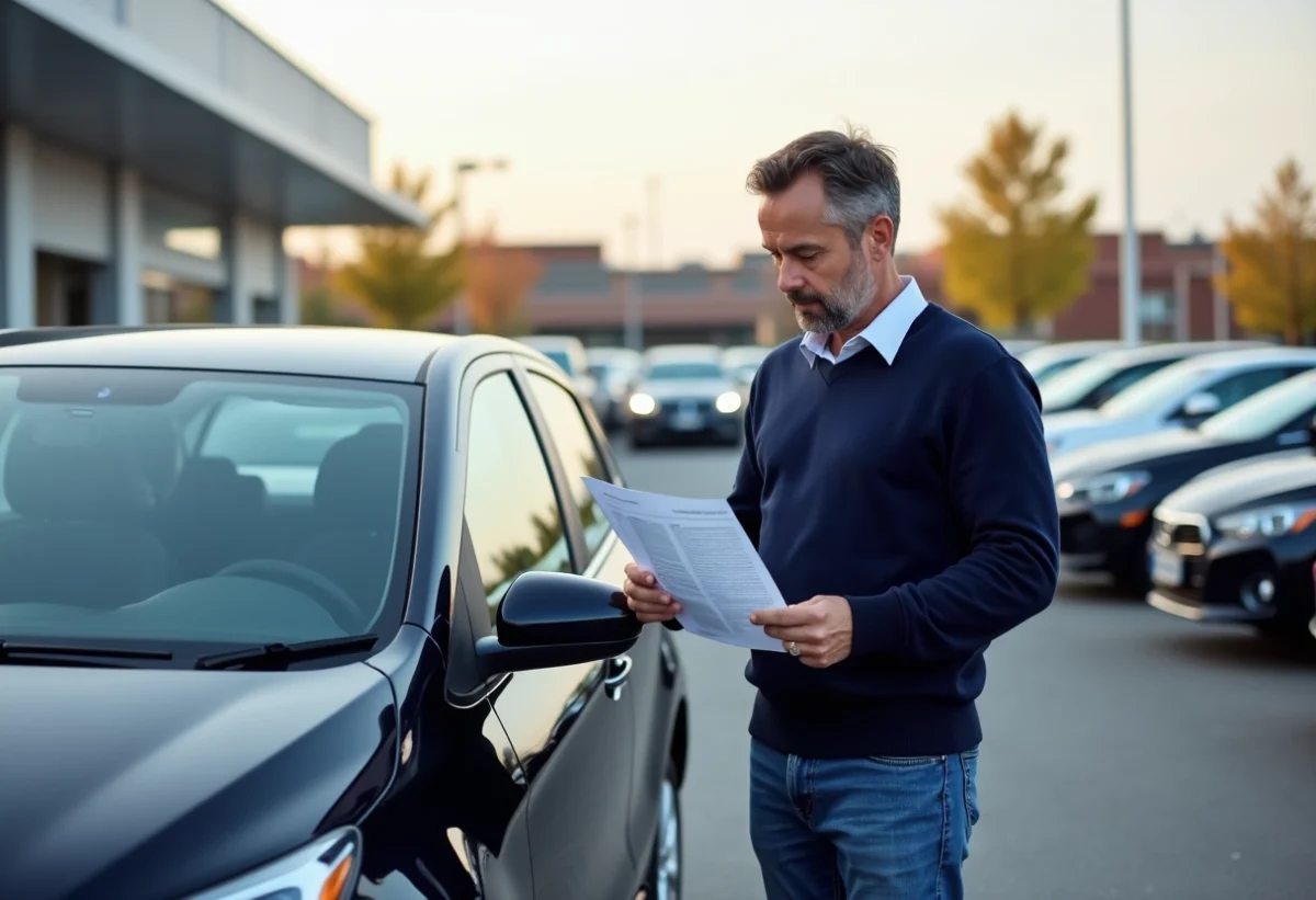 Homme examinant un rapport historique de voiture d'occasion