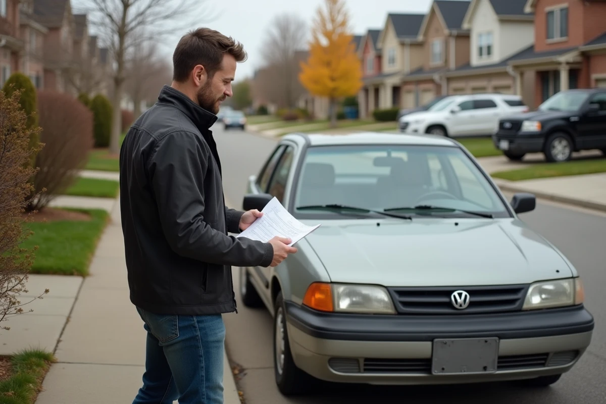 Homme examinant des papiers à côté d'une voiture d'occasion