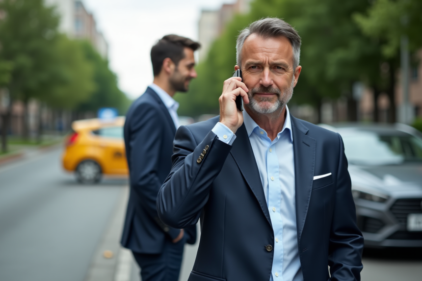 Homme d'âge moyen en costume parlant au téléphone à côté d'une voiture en panne