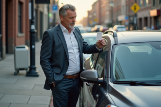 Homme d'âge moyen vérifiant un ticket de stationnement sur sa voiture