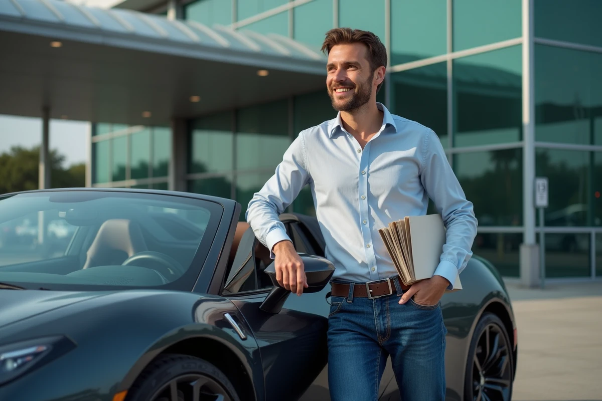 Homme content avec documents devant une voiture de luxe à l'aéroport