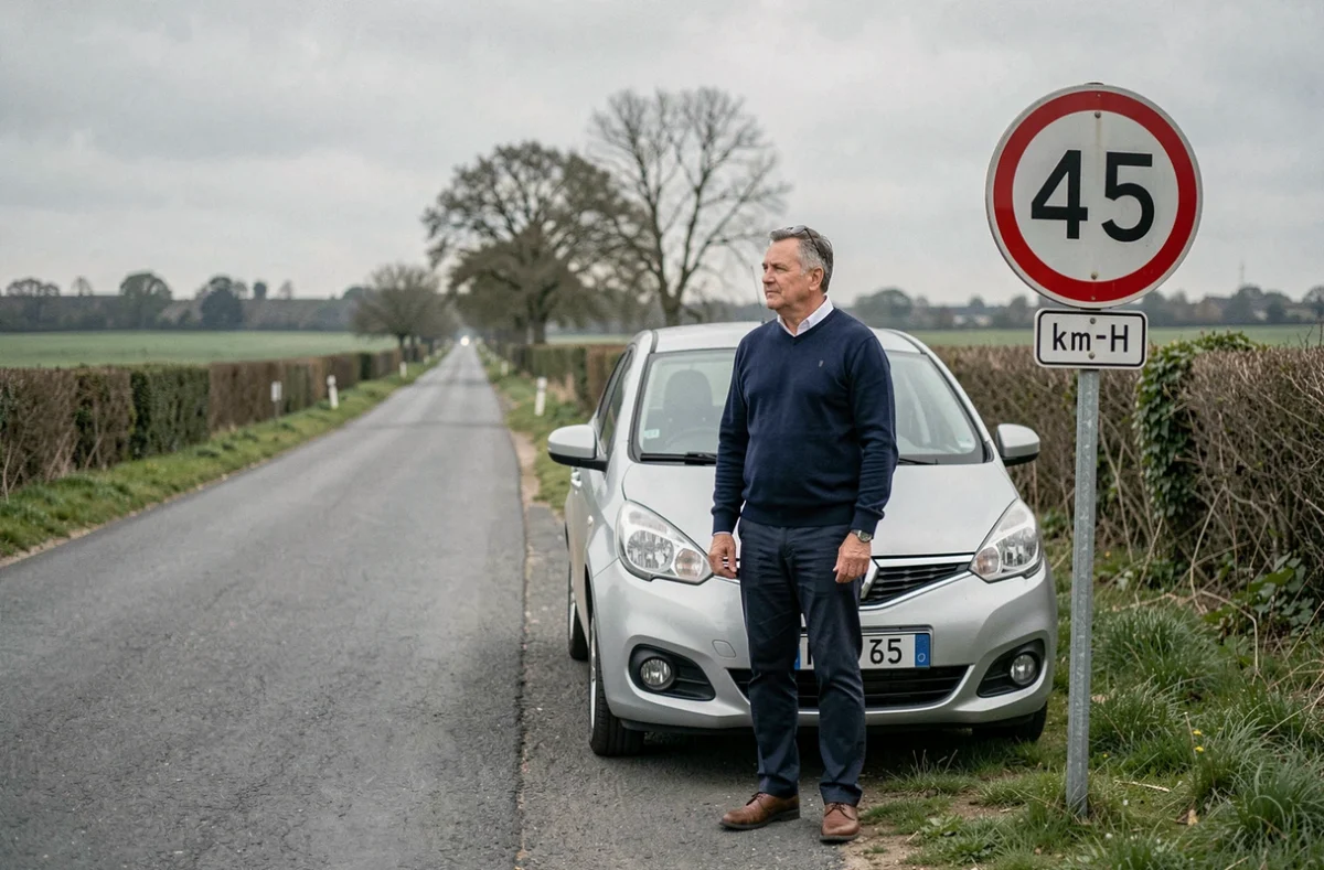 Homme à côté d'une voiture sans permis observant un panneau de limitation de vitesse sur une route de campagne