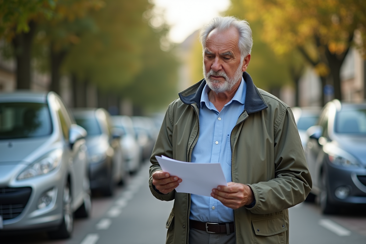 Homme vérifiant documents de voiture devant sa voiture
