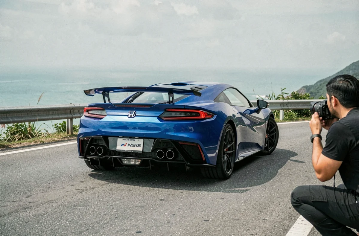 Honda NSX de dos sur une route de montagne côtière, diffuseur arrière et aileron actif visibles, séance photo éditoriale