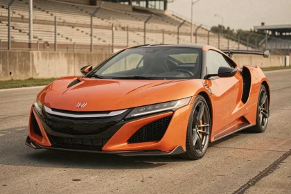 Honda NSX vue de trois quarts avant sur un circuit, détails des options aérodynamiques et carrosserie en orange Thermal Pearl