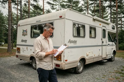 Homme inspectant un camping-car Autostar d'occasion avec une check-list imprimée sur un parking en gravier entouré de pins
