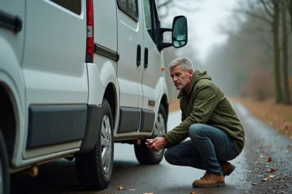 Homme inspectant une Dacia camping car garée sur un chemin de gravier en automne, illustrant les vérifications essentielles avant un voyage en van aménagé