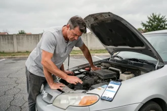 Homme inspectant le compartiment moteur d'une voiture d'occasion importée avec un rapport CarVertical affiché sur smartphone