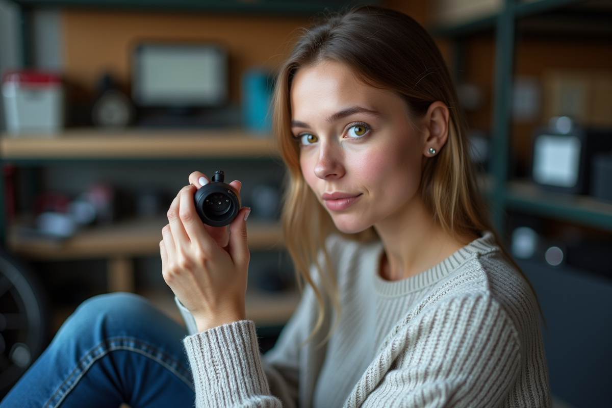 Jeune femme inspectant un capteur automobile dans un garage