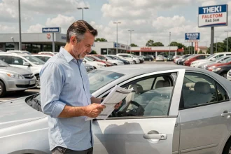 Homme inspectant une voiture essence d'occasion dans un parking de concession automobile