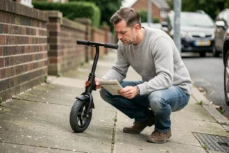 Homme inspectant une voiture sans permis en lisant une annonce imprimée sur un trottoir résidentiel