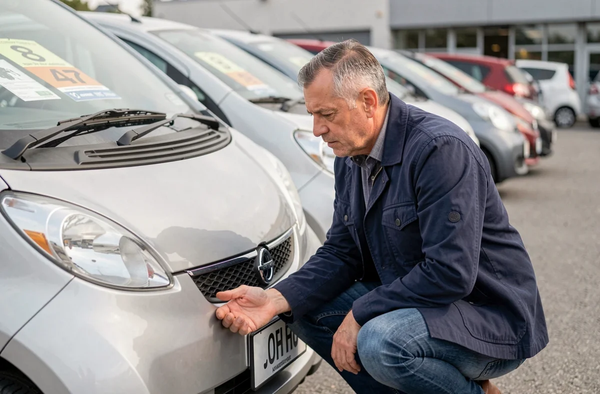 Homme inspectant une voiture sans permis d'occasion dans un garage de Meurthe-et-Moselle