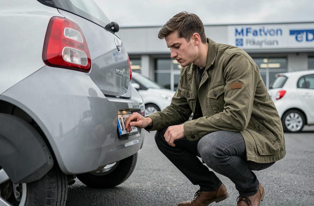 Un homme inspecte l'état d'une voiture sans permis d'occasion dans le parking d'un concessionnaire