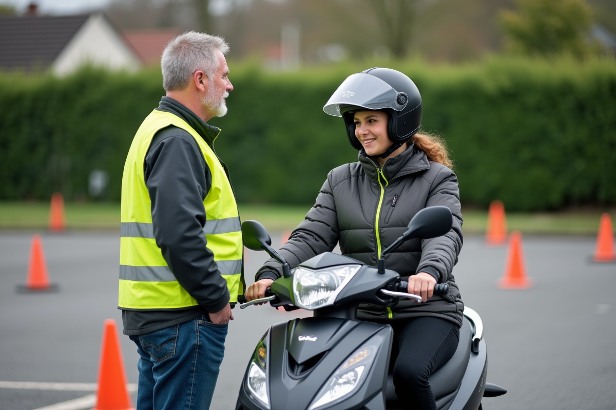 Instructeur de moto parlant à une jeune femme en formation