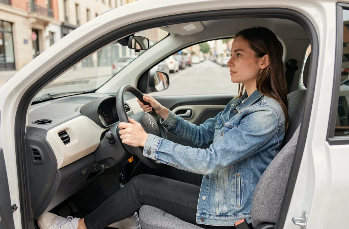 Jeune femme assise à bord d'une Citroën Ami, intérieur minimaliste, tableau de bord simplifié visible