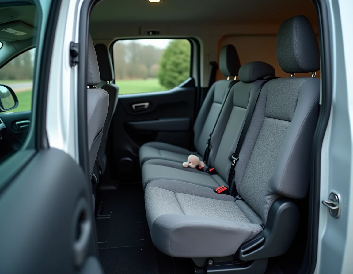 Intérieur du Peugeot Rifter 7 places avec les trois rangées de sièges visibles, vue depuis la porte coulissante