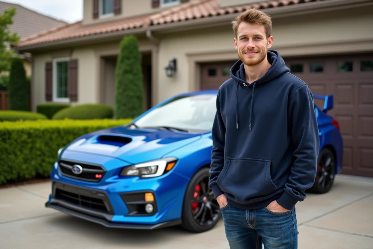 Jeune homme avec Subaru WRX bleu dans la cour