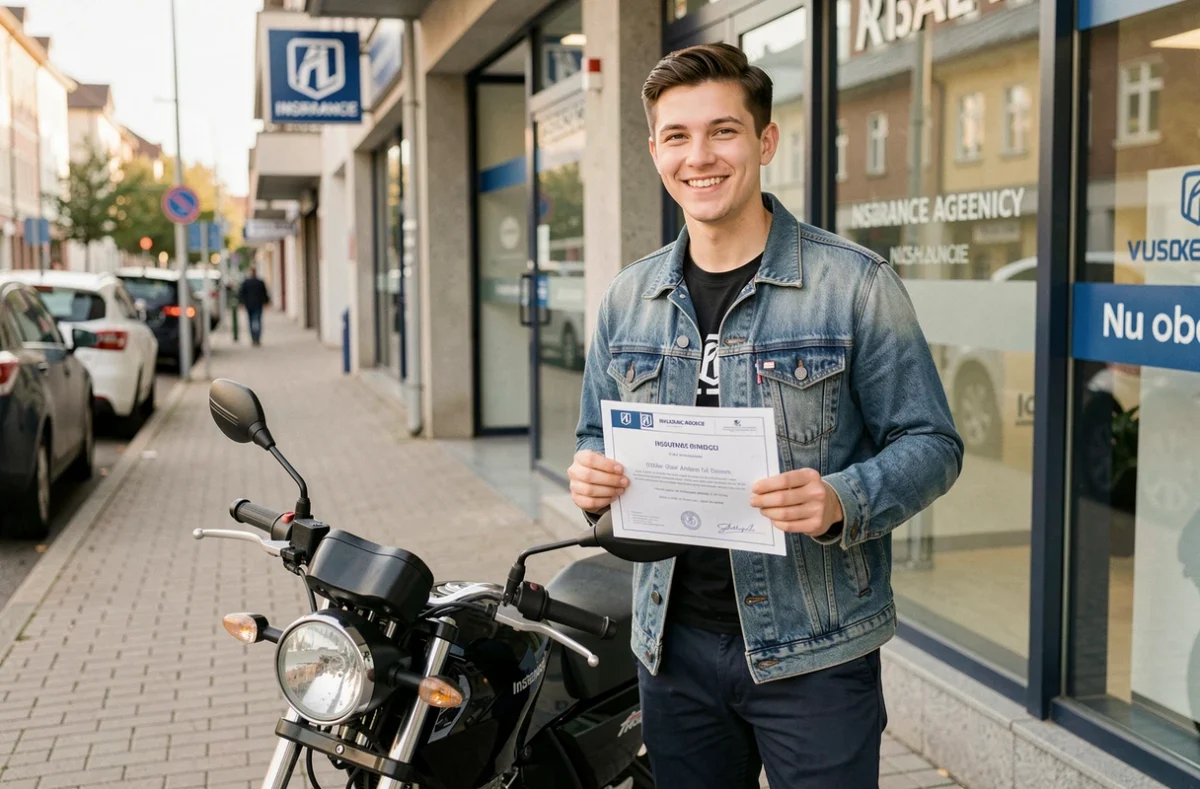 Jeune homme tenant son attestation d'assurance moto 125 devant une agence d'assurance
