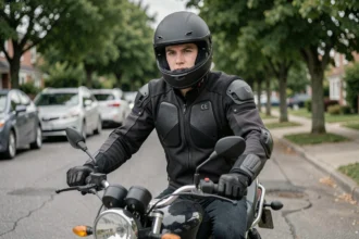 Jeune conducteur en équipement complet sur une moto 125cc dans une rue résidentielle