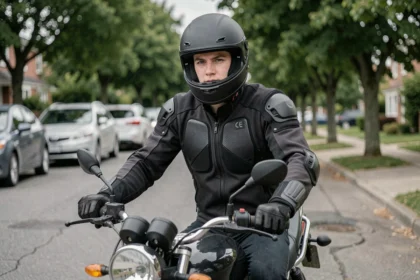 Jeune conducteur en équipement complet sur une moto 125cc dans une rue résidentielle