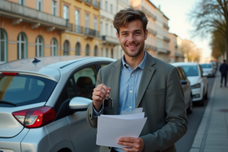 Jeune conducteur souriant avec clés de voiture devant une citadine urbaine