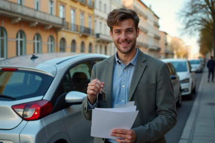Jeune conducteur souriant avec clés de voiture devant une citadine urbaine