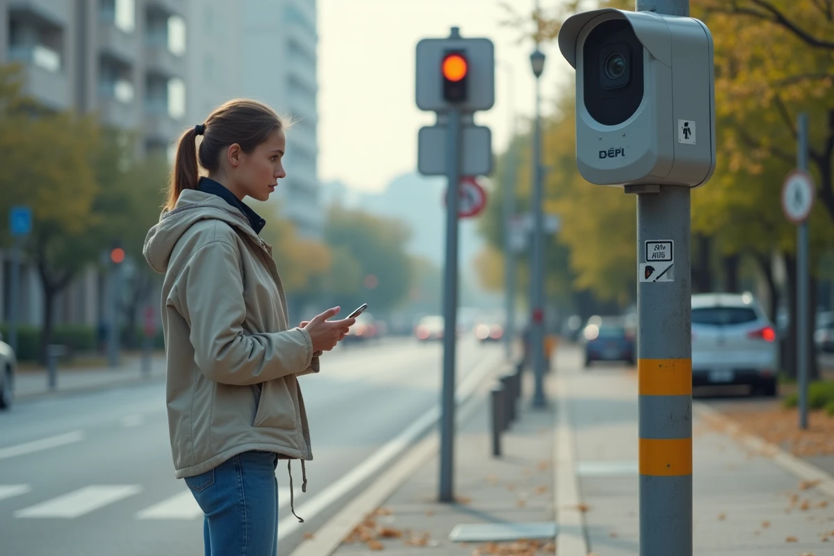 Jeune femme pointant une caméra de surveillance urbaine