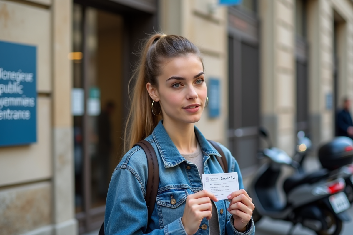 Jeune femme devant un bâtiment officiel tient son permis de conduire