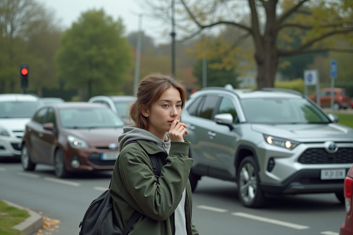 Jeune femme se bouchant le nez près d une voiture polluante