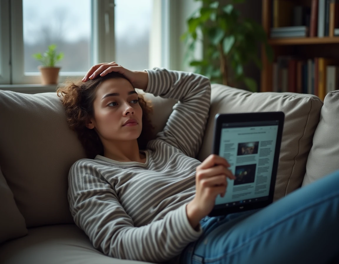 Jeune femme allongée sur son canapé consultant un site d'informations sur une tablette, expression de fatigue informationnelle