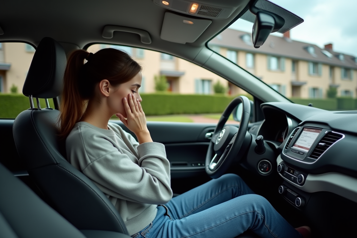 Jeune femme stressée dans sa voiture en banlieue